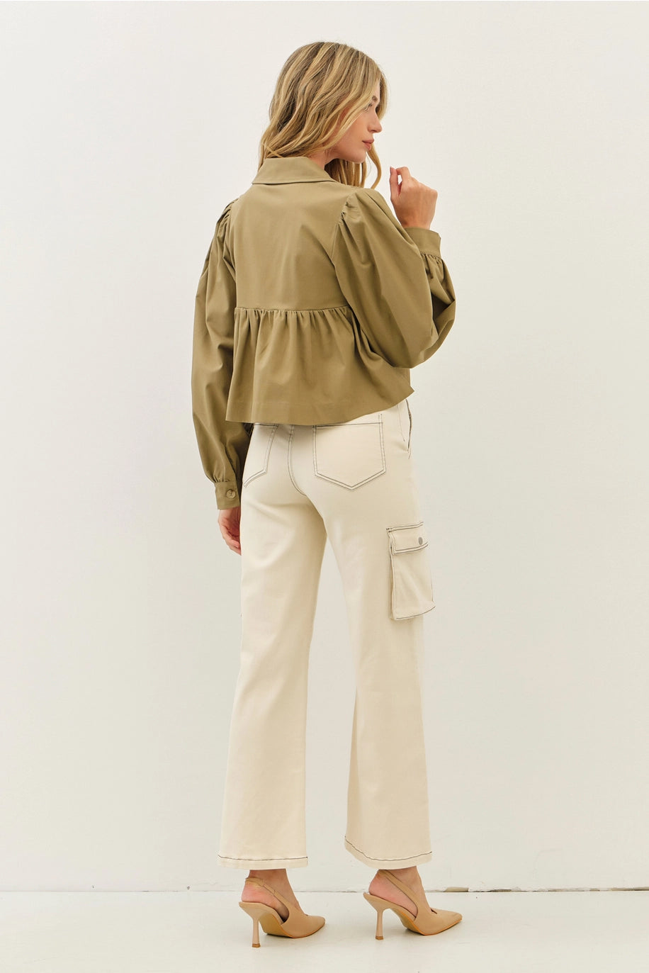 Soft Linen Smocked Babydoll Open Front Blouse - SMALL
