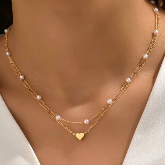 Plated Heart and Pearl Detail 2pcs Layered Necklace