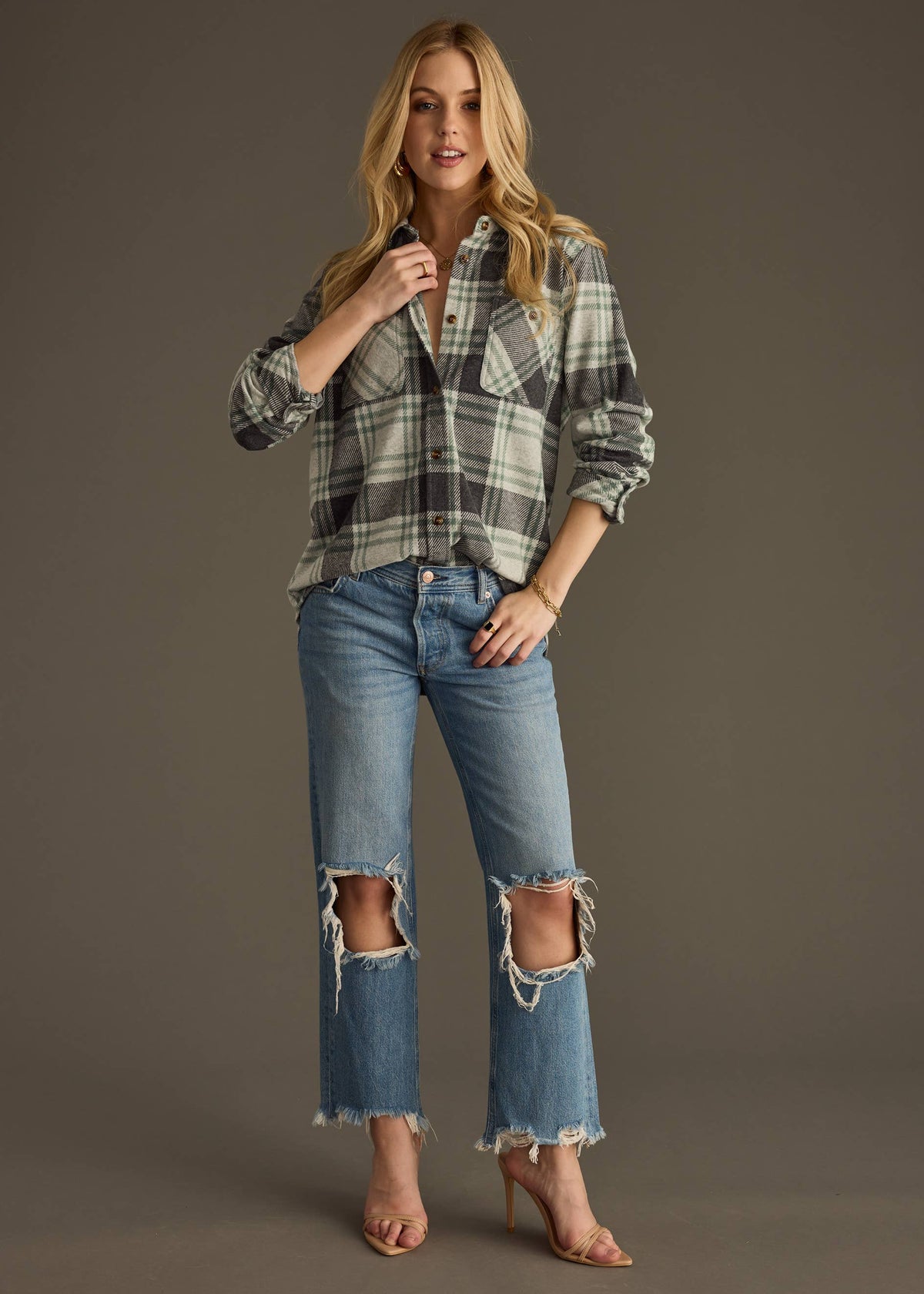 Charcoal & Green Plaid Button Up