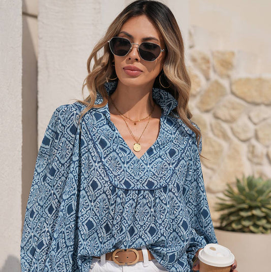Western Geometric Print Frilled V Neck Loose Fit Blouse