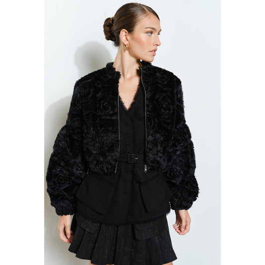 Rosette Textured Faux Fur Bomber Jacket