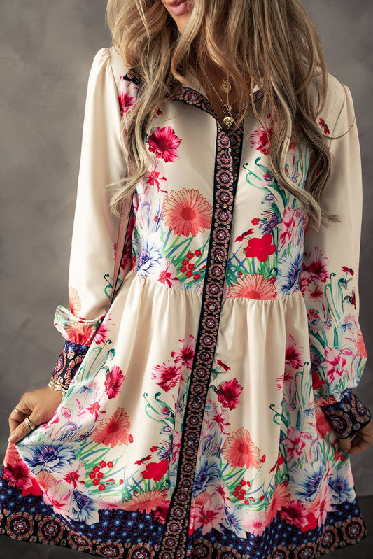 LDC Floral Print Buttoned High Waist Shirt Mini Dress: Apricot / S