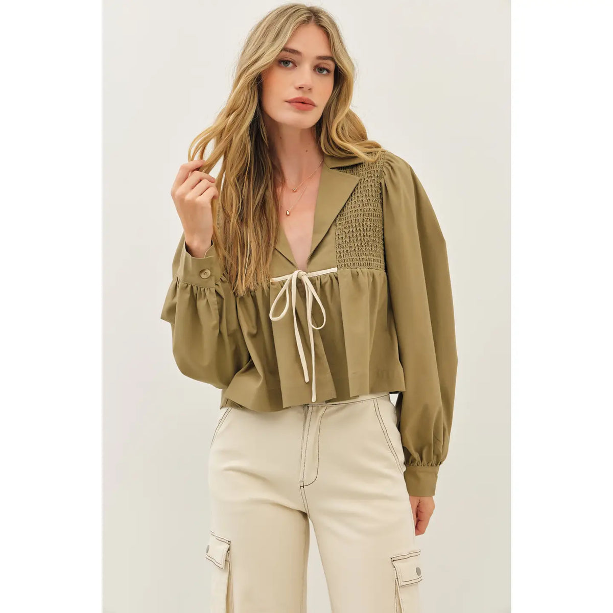 Soft Linen Smocked Babydoll Open Front Blouse - SMALL