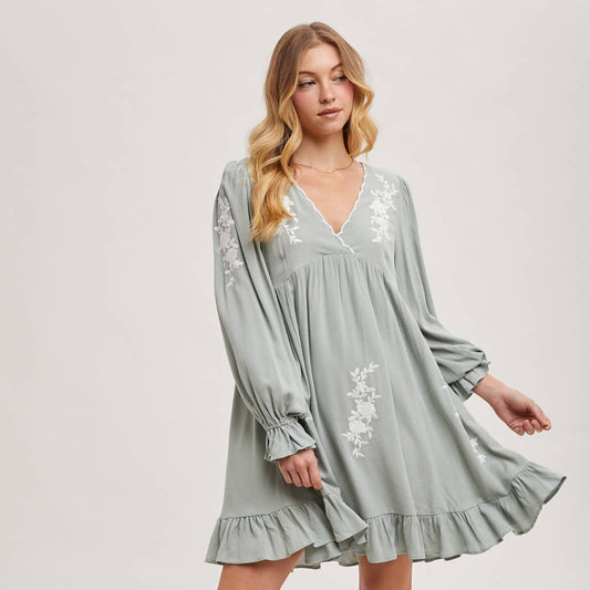 EMBROIDERED V-NECK RUFFLED DRESS