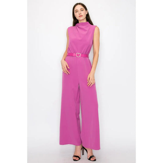 Sleeveless fluid round neckline wide leg jumpsuit