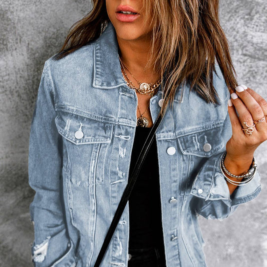 Distressed Raw Hem Buttons Denim Jacket