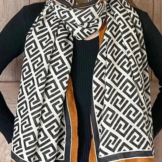 Black Geometric Maze Pattern Women's Shawl Scarf