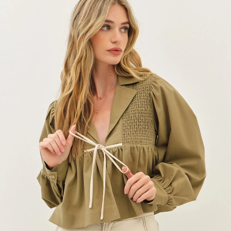 Soft Linen Smocked Babydoll Open Front Blouse - SMALL